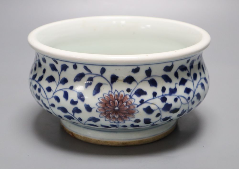 A Chinese underglaze blue and copper red censer, diameter 18cm